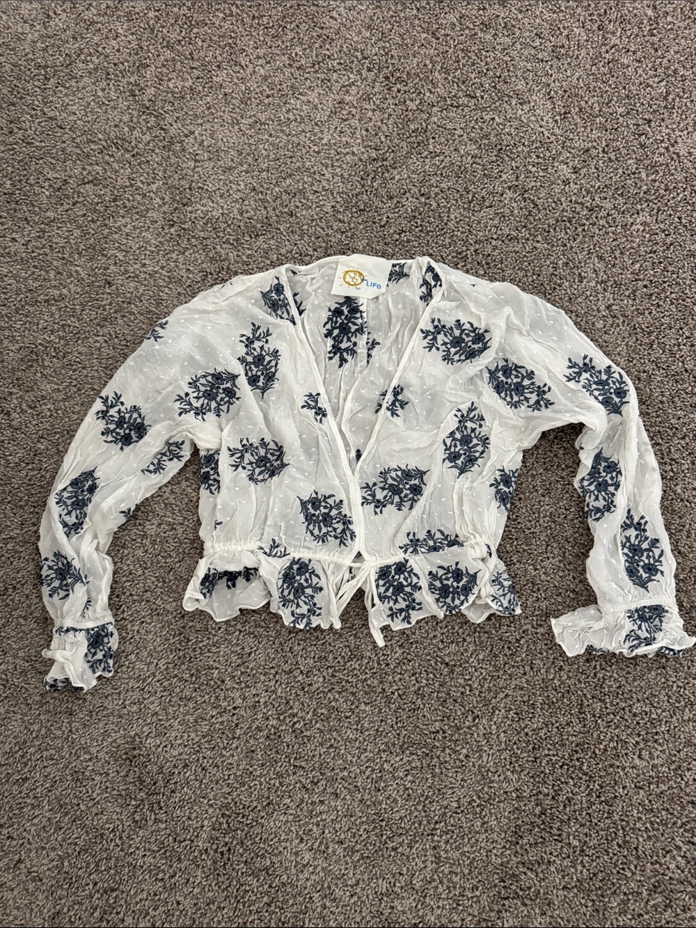 Blue Life White Sheer Peasant Blouse with Navy Floral Print